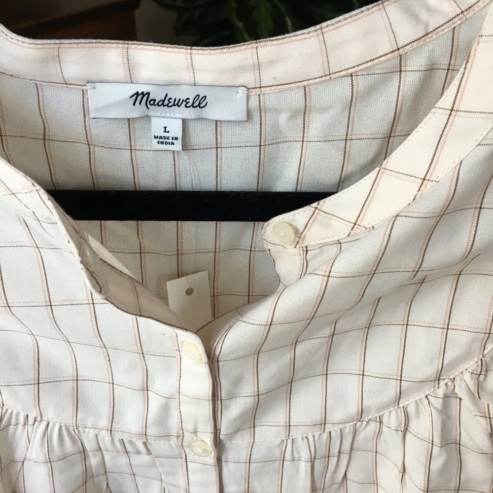 Madewell Cream Plaid Blouse size L EUC - Picture 5 of 8